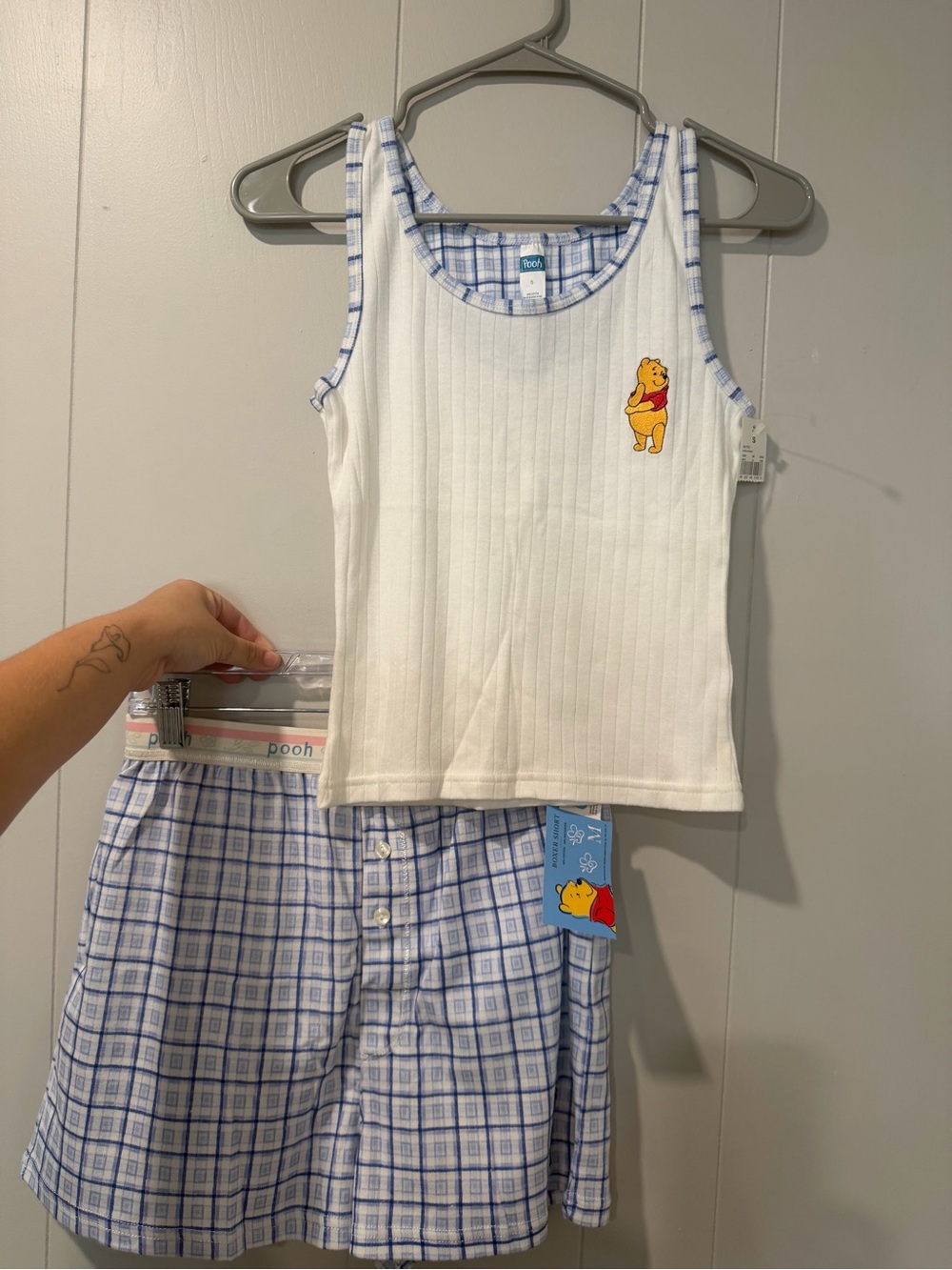 Disney White Ribbed Winnie the Pooh Tank with Light Blue Plaid jammy Set